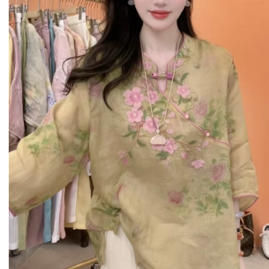 2623新中式中国风刺绣盘扣斜襟棉麻衬衫女夏季复古七分袖衬衣 到手价¥49.90