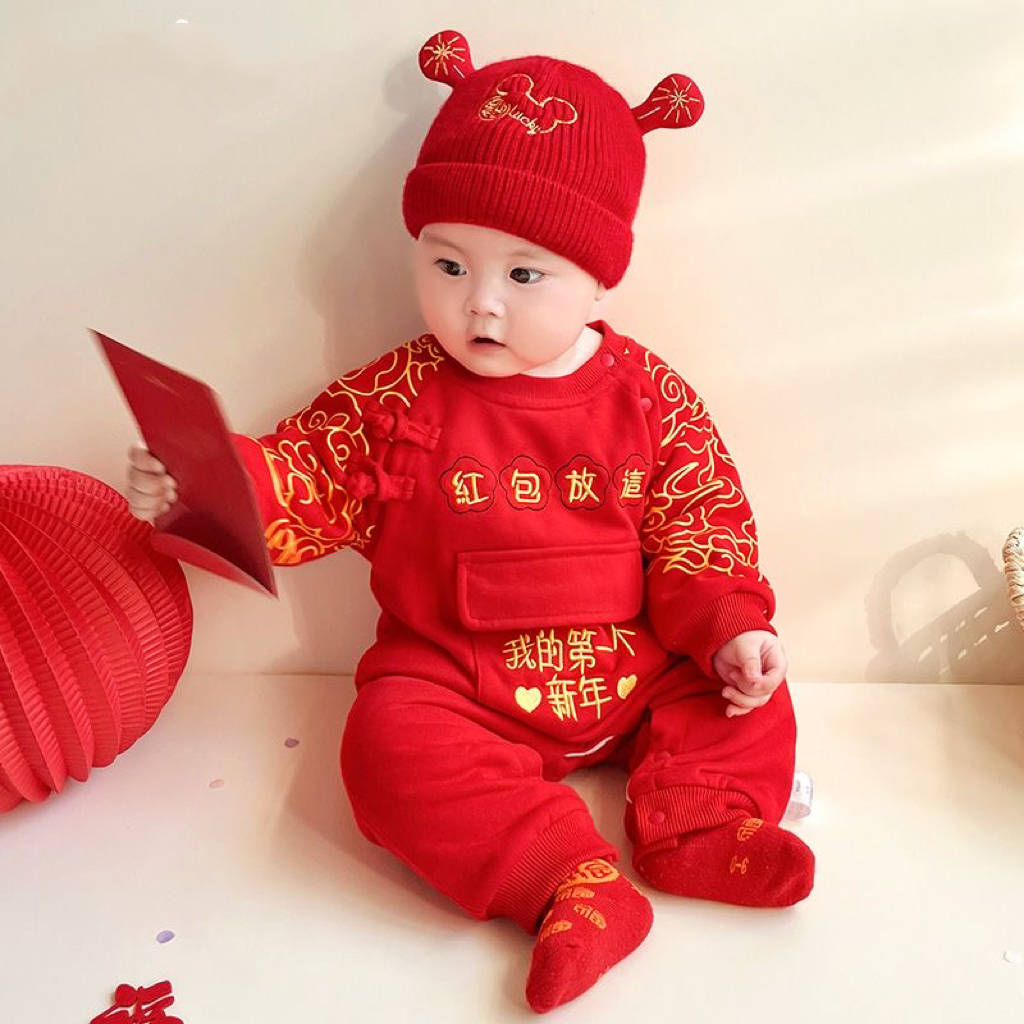 婴儿拜年服连体衣满月新年装加绒秋冬季男女宝宝喜庆第一个新年服 到手价¥49.90