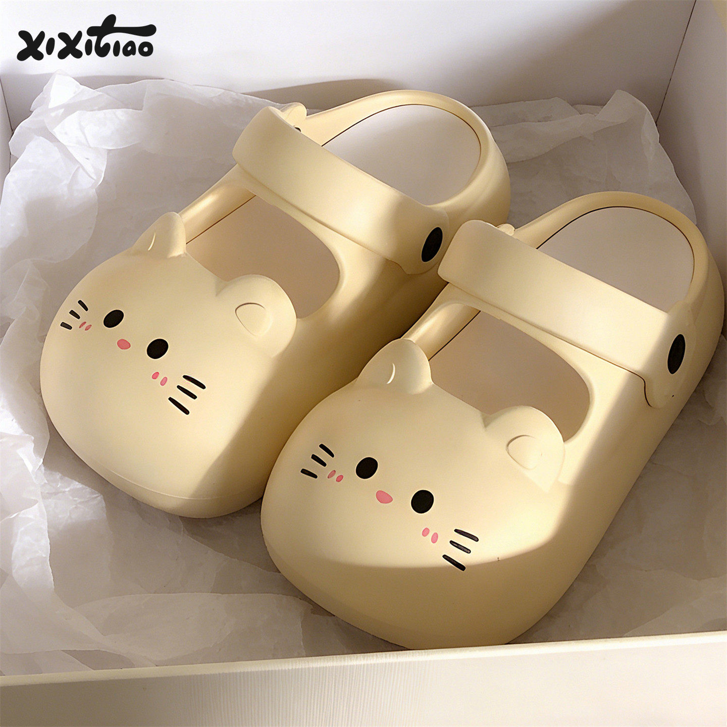 细细条 可爱小猫玛丽珍包头防撞凉拖女防滑足弓厚底夏沙滩洞洞鞋 图片 1