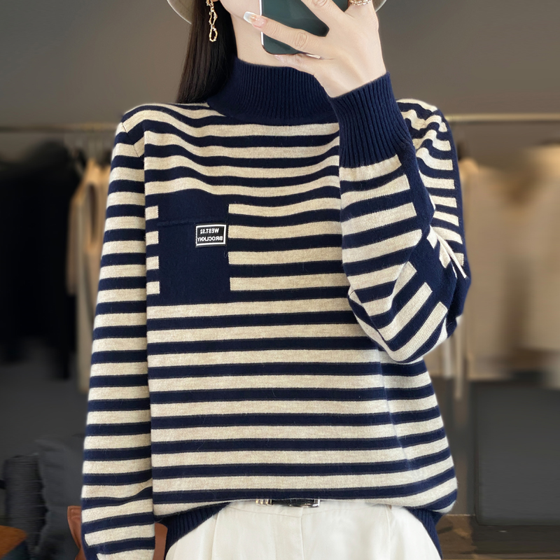 女装精品毛衫高级感半高领条纹针织衫女宽松内搭毛衣秋冬季打底衫 到手价¥136.00