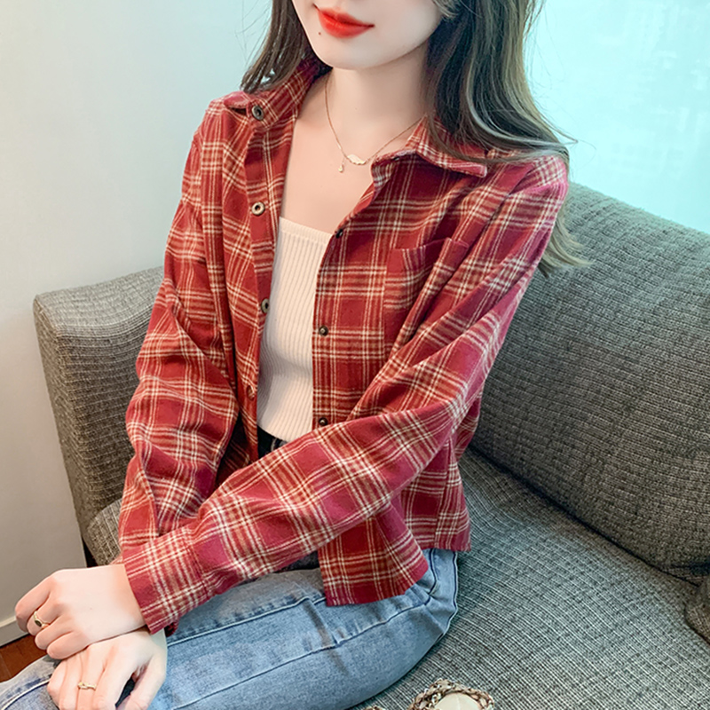 磨毛复古格子衬衫外套女春秋新款长袖上衣小个子短款气质衬衫 到手价¥29.99