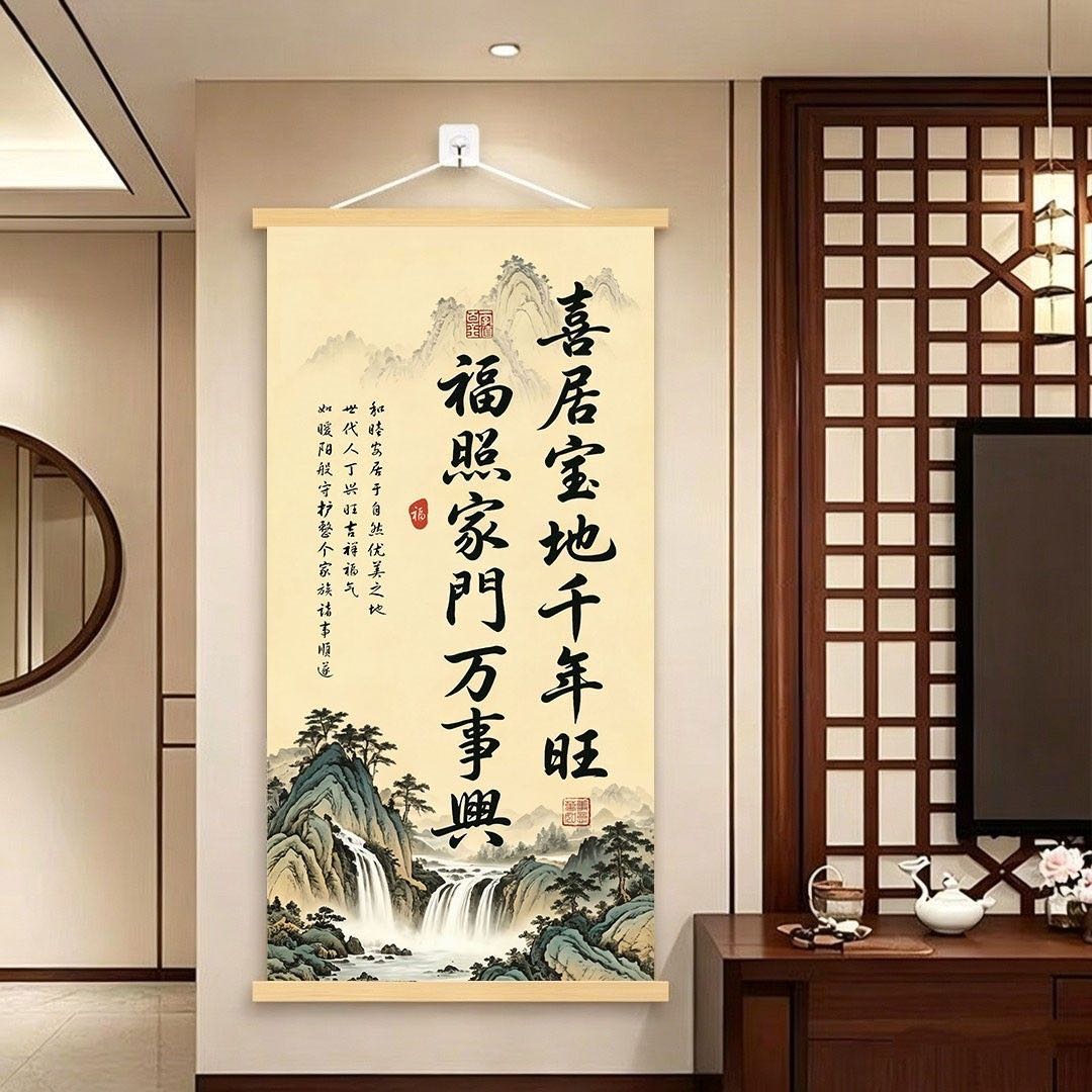 喜居宝地千年旺福照家门万事兴新中式山水挂画现代装饰画实木卷轴 到手价¥4.99